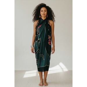 Women’s Boho Beach Coverup Rayon Sarong Green Black Fringe